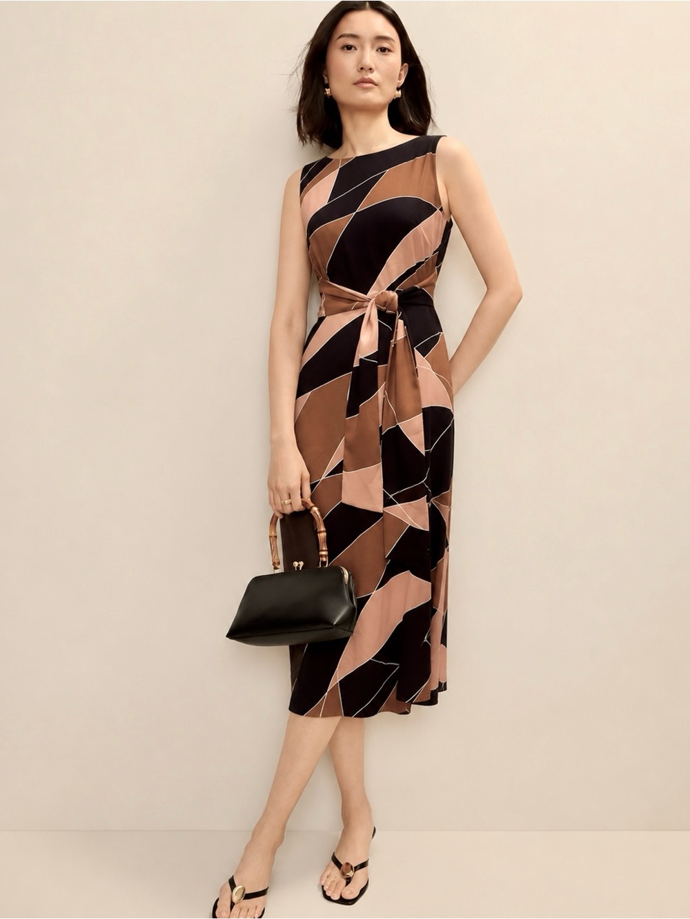 Ann Taylor Geometric-Print Tie-Waist Midi Dress